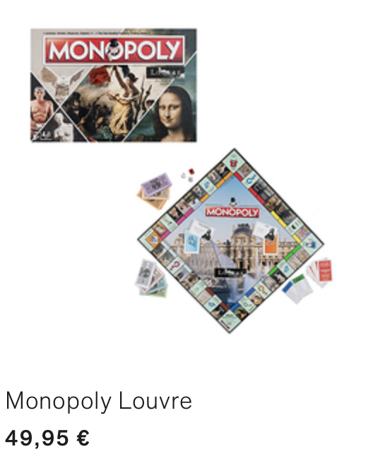 Le document présente le Monopoly édition Louvre, un jeu basé sur le célèbre musée du Louvre à Paris.